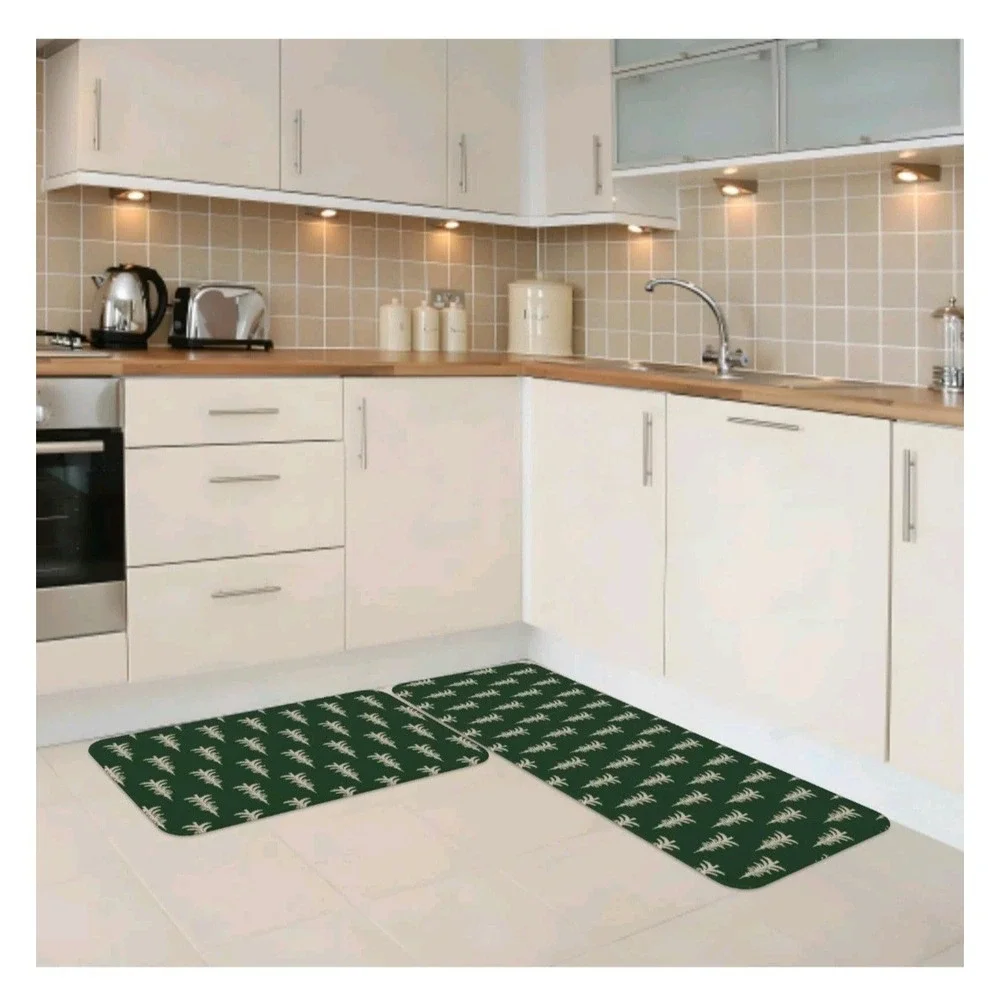 Forest Green Christmas Kitchen Mats Set of 2 Cream Xmas Tree Print Winter Hol...